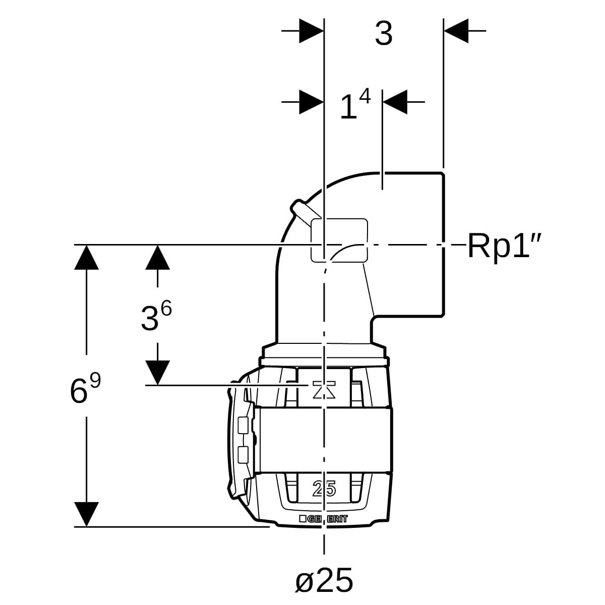 Geberit FlowFit Übergangsbogen 90° mit Innengewinde, Werkstoff bleifreier Rotguss (CuSn4Zn2PS)