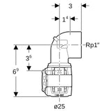 Geberit FlowFit Übergangsbogen 90° mit Innengewinde, Werkstoff bleifreier Rotguss (CuSn4Zn2PS)
