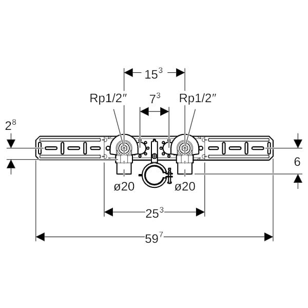 Geberit FlowFit Anschlusswinkel 90° vormontiert, zweifach, gedämmt aus Bronze mit Ablaufrohr-
schelle und Anschlussbogen