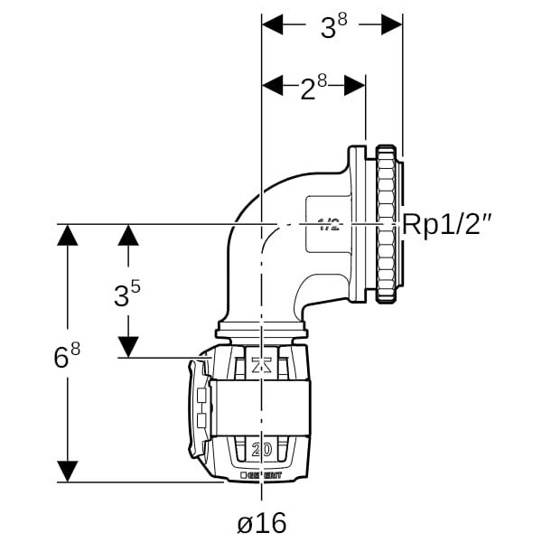 Geberit FlowFit Anschlusswinkel 90° für UP-Spülkasten, Werkstoff bleifreier Rotguss, Form rechtwinklig, Pressmuffe mit Gewinde 1/2 Zoll
