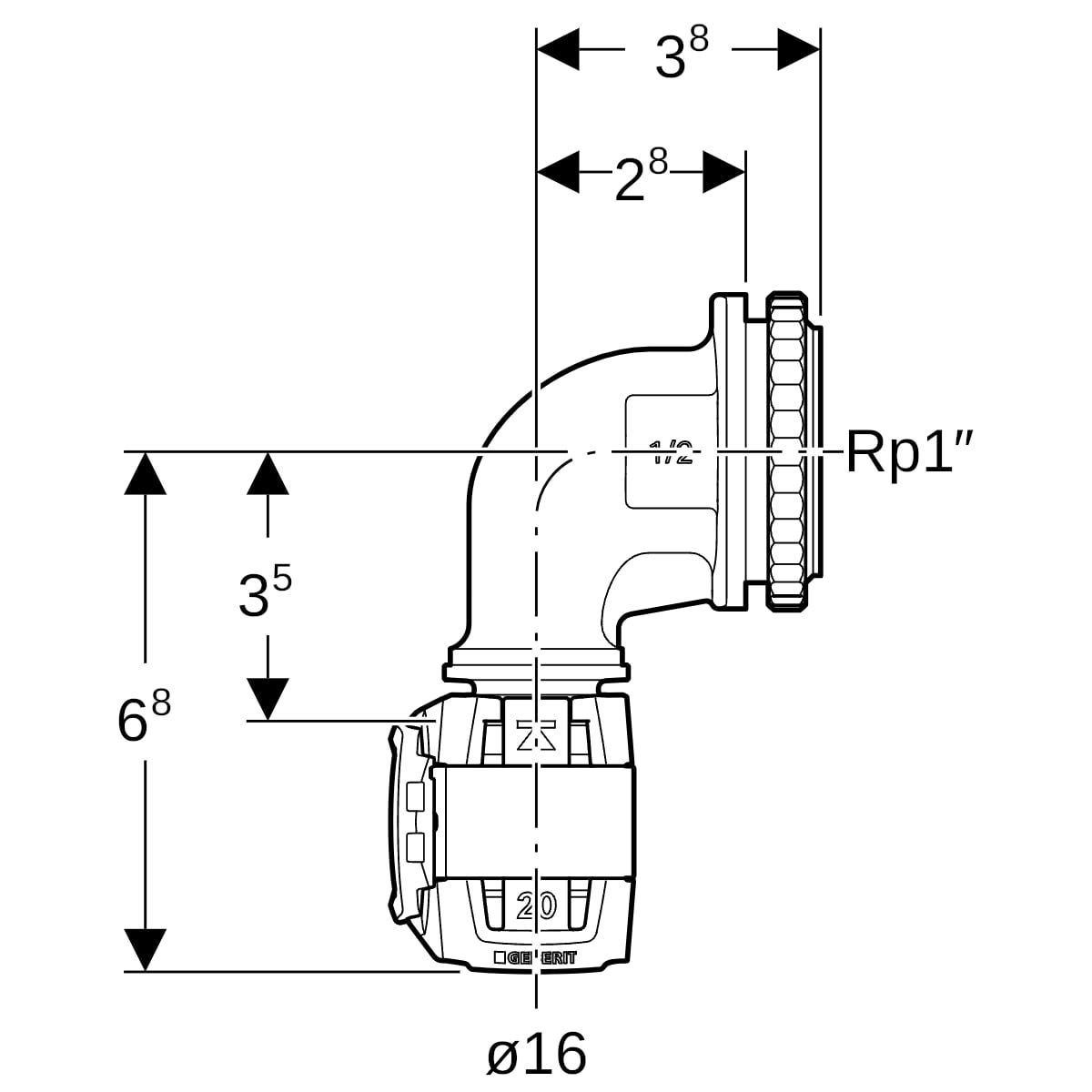 Geberit FlowFit Anschlusswinkel 90° für UP-Spülkasten, Werkstoff bleifreier Rotguss, Form rechtwinklig, Pressmuffe mit Gewinde 1/2 Zoll