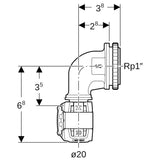 Geberit FlowFit Anschlusswinkel 90° für UP-Spülkasten, Werkstoff bleifreier Rotguss, Form rechtwinklig, Pressmuffe mit Gewinde 1/2 Zoll