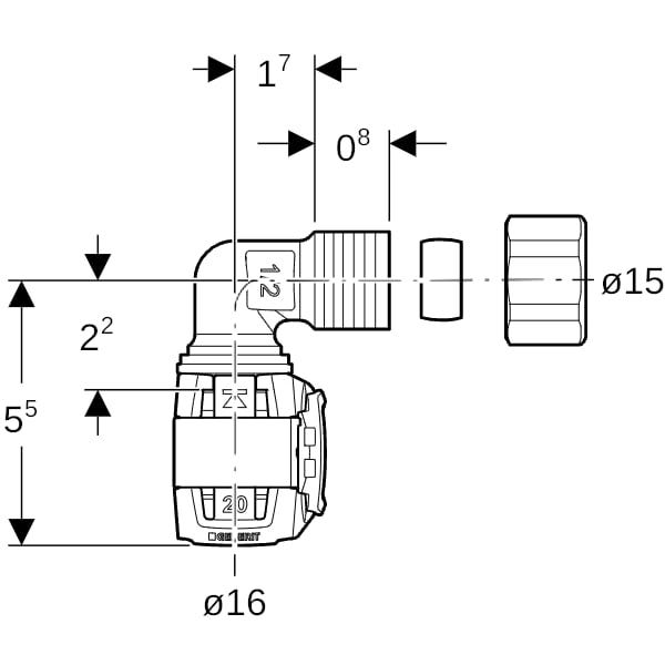 Geberit FlowFit Übergangswinkel 90° mit Klemmringverschraubung: Werkstoff=Bleifreier Rotguss (CuSn4Zn2PS), d=16mm, d1=15mm
