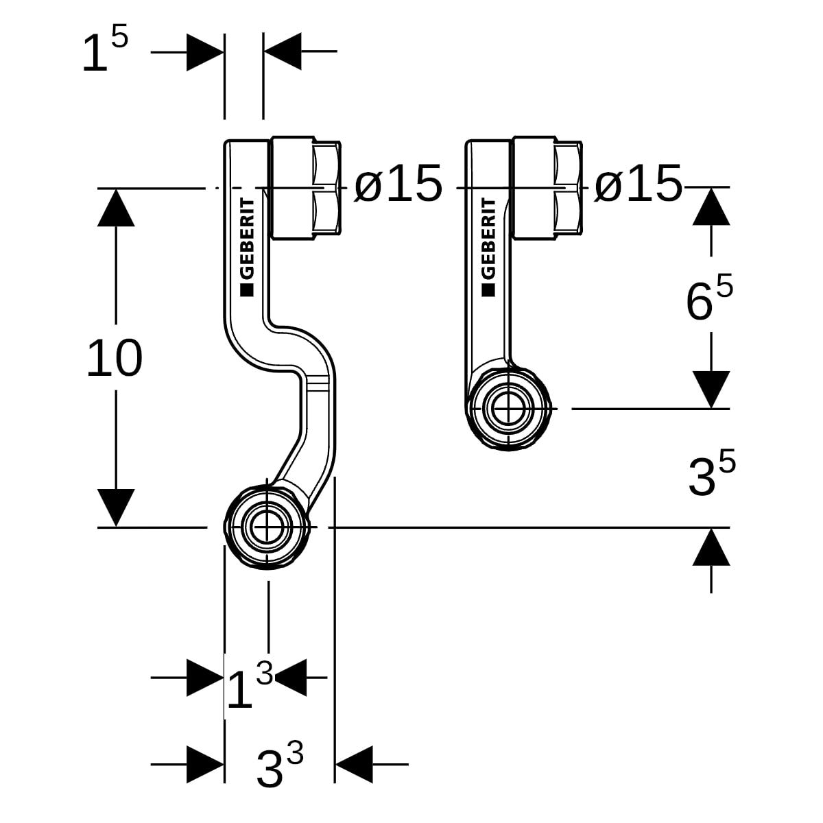 Geberit Mepla Set Anschluss-T-Stücke für Vor- und Rücklauf mit Anschlussverschraubung für Eurokonus, Messing CW617N, vernickelt, Form Abzweig