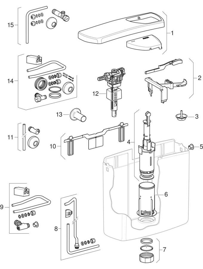 Geberit AP140 AP-Spülkasten Spül-Stopp-Spülung, Kunststoff, Außengewinde 1/2 Zoll, Spülvolumen 6 - 9 l, mit Eckventil, Bedienung Hebel, Geräuschklasse Füllventil Gruppe I, <=20 dB(A)