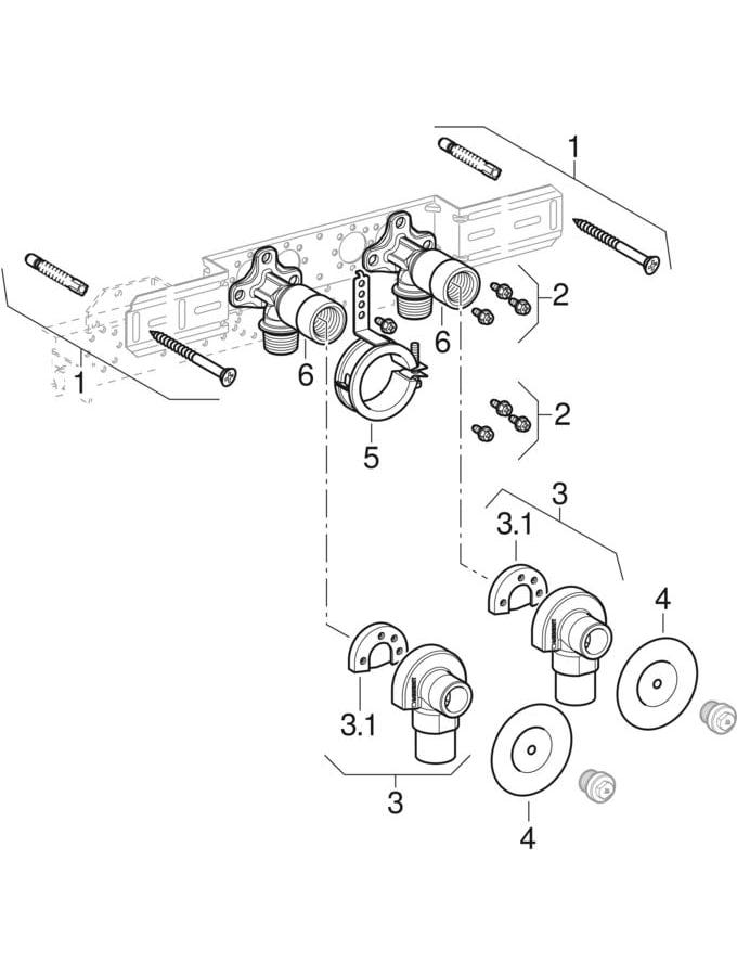 Geberit Anschlusswinkel 90° mit Außengewinde MF 1/2", vormontiert, zweifach: CC499K, RMF=1/2″, Rp=1/2″, L1=5.2cm, AD=15.3cm