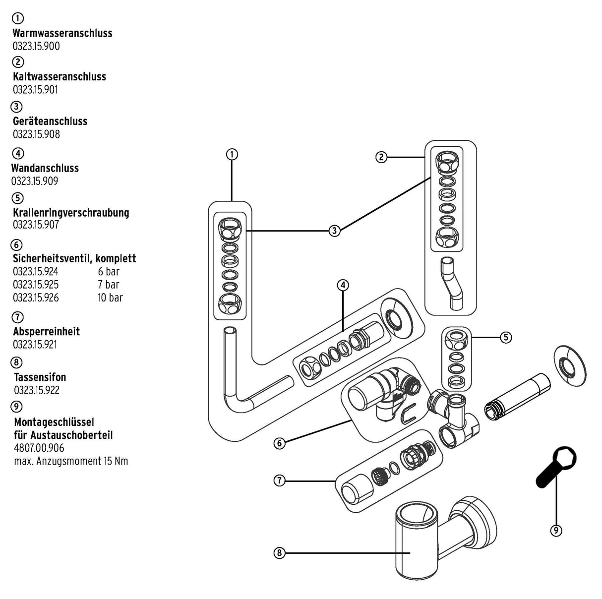 SYR Sicherheitsgruppe 323, DN 15, Einstellung Sicherheitsventil: 6 bar, für Trinkwassererwärmer bis zu 200 Liter, verchromt, ab Baujahr 01/2020