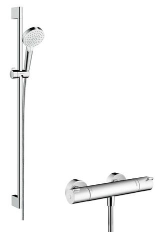 hansgrohe Crometta Brausesystem Aufputz Vario mit Ecostat 1001 CL Thermostat und Brausestange 90 cm, Weiß/Chrom
