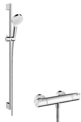 hansgrohe Crometta Brausesystem Aufputz Vario mit Ecostat 1001 CL Thermostat und Brausestange 90 cm, Weiß/Chrom