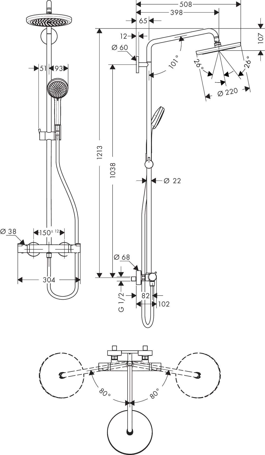 hansgrohe Croma Showerpipe 220 1jet mit Thermostat, Chrom