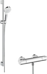 hansgrohe Crometta Brausesystem Aufputz Vario mit Ecostat 1001 CL Thermostat und Brausestange 90 cm, Weiß/Chrom