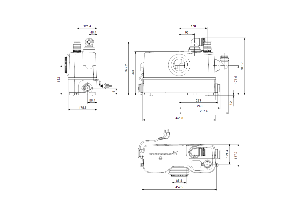 Kleinhebeanlage Sololift2 WC-3 0,6kW 230V 453x176x347mmGRUNDFOS