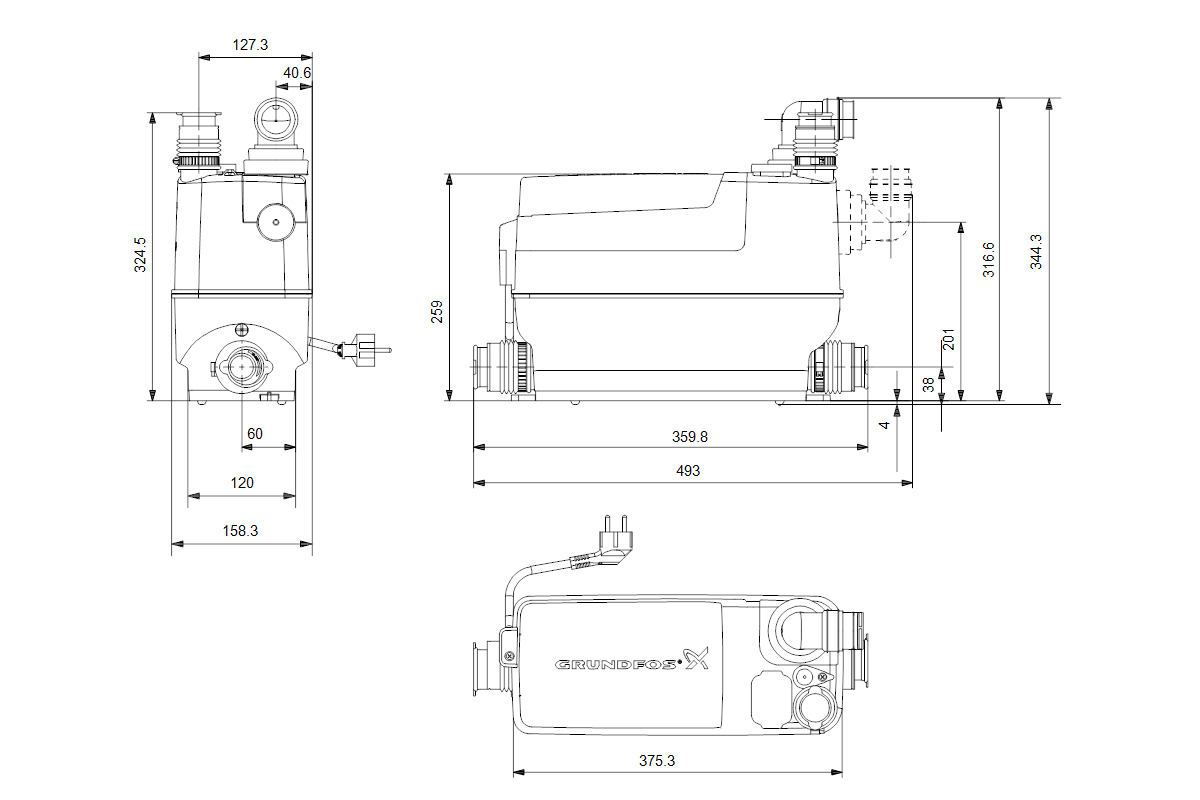 Kleinhebeanlage Sololift2 C-3 0,6kW 230V 446x159x340mmGRUNDFOS