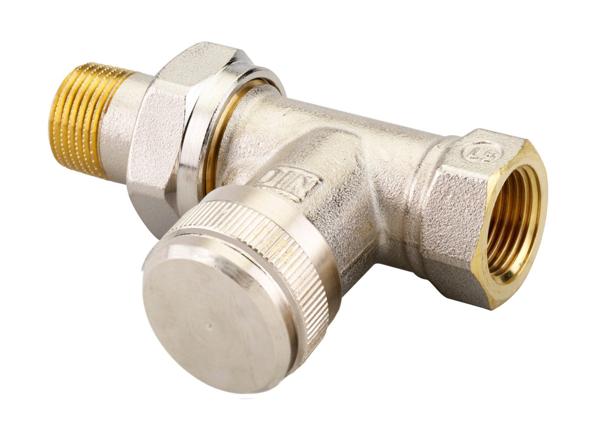 Danfoss Rücklaufverschraubung RLV 10, vernickelt, Heizkörperverschluss aus MS 58, absperrbar und regulierbar