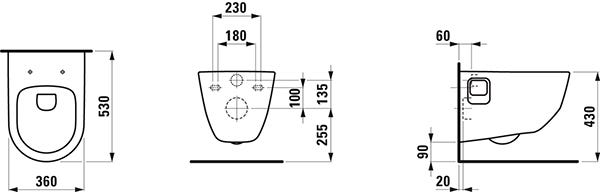 LAUFEN Tiefspül-WC wandhängend LAUFEN PRO 530x360 spülrandlos mit offener Befestigung (Nischen) weiß