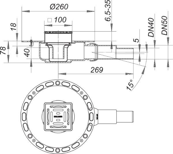 DALLMER Bodenablauf TistoPlan VC 10, DN 40/ DN 50, 100 x 100 mm