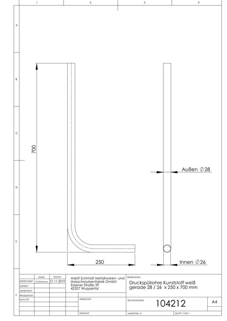 Druckspülrohre Kunststoff weiß gerade 28 / 26 x 250 x 700 mm