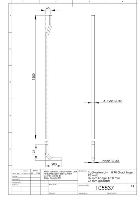 Spülkastenrohr mit 90 Grad Bogen KS weiß 32 mm Länge 1750 mm / 65 mm gekröpft