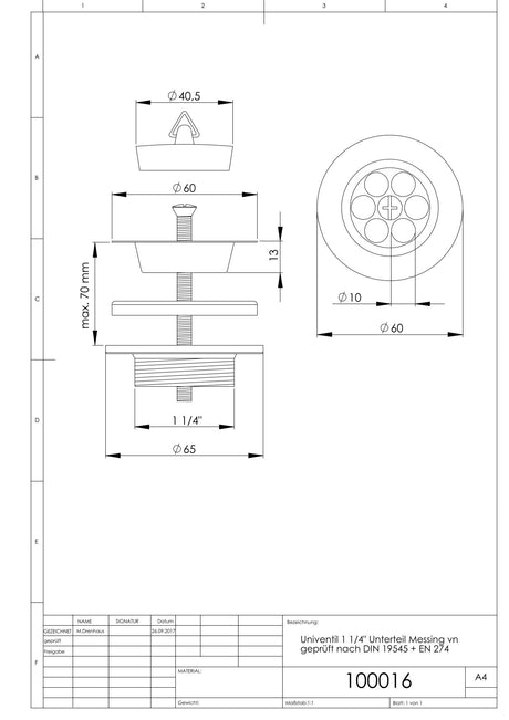 Univentil 1 1/4" Unterteil Messing vn geprüft nach DIN 19545 + EN 274