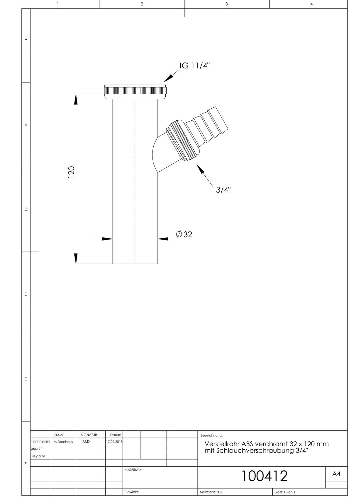 Verstellrohr ABS verchromt 32 x 200 mm mit Schlauchverschraubung 3/4"