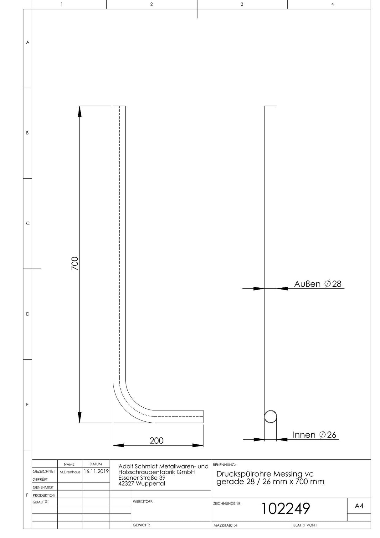 Druckspülrohre Messing vc gerade 28 / 26 mm x 700 mm