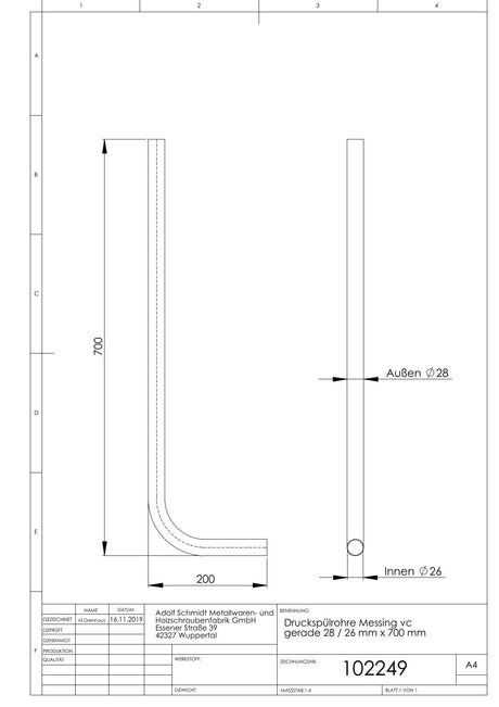 Druckspülrohre Messing vc gerade 28 / 26 mm x 700 mm