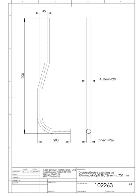 Druckspülrohre Messing vc 45 mm gekröpft 28 / 26 mm x 700 mm