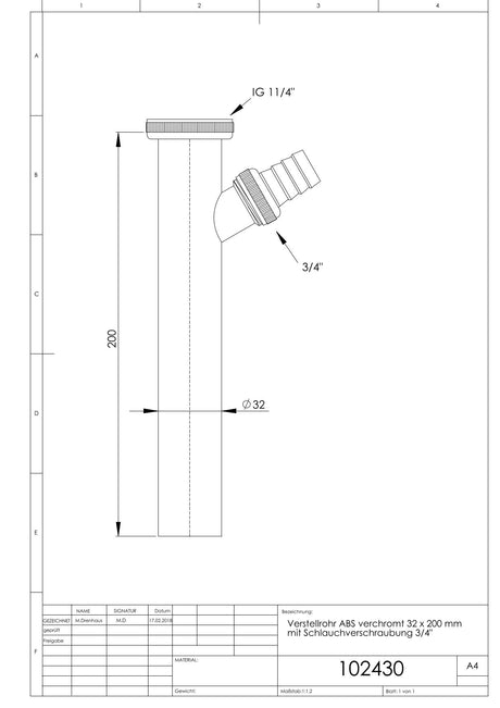 Verstellrohr ABS verchromt 32 x 200 mm mit Schlauchverschraubung 3/4"
