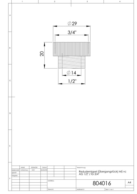 Reduziernippel (Übergangstück) MS vc AG 1/2" / IG 3/4"