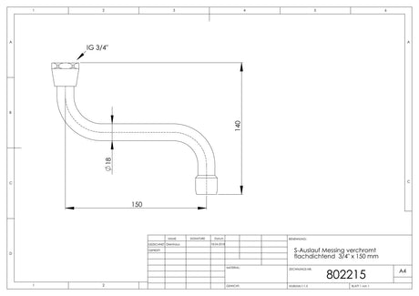 S-Auslauf Messing verchromt flachdichtend 3/4 Zoll