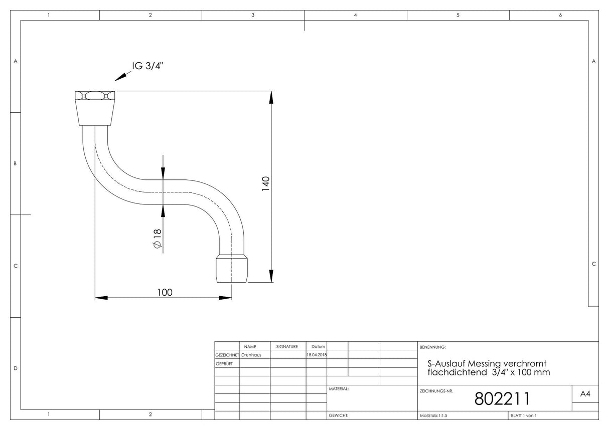 S-Auslauf Messing verchromt flachdichtend 3/4 Zoll