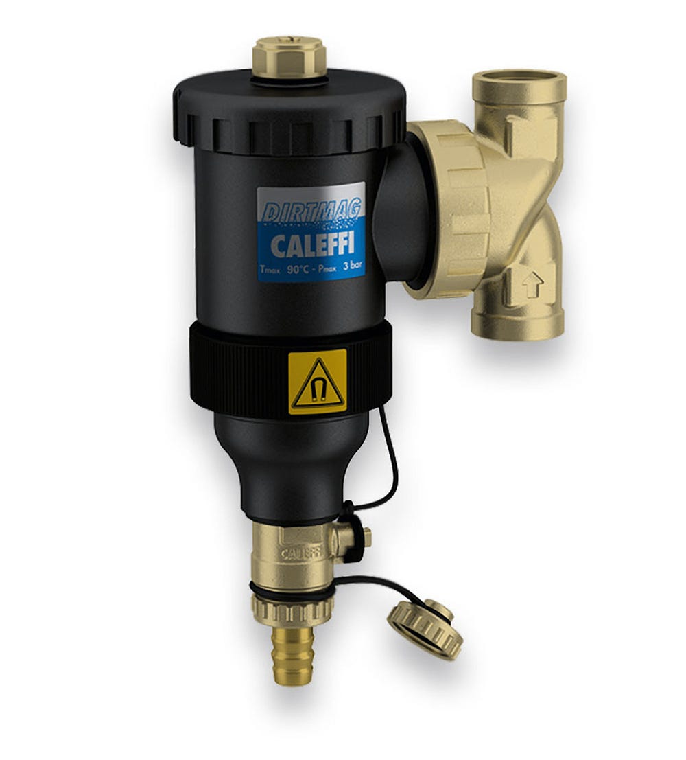 Schlamm- und Magnetitabscheider SAS2. Kompakter Schlammabscheider mit Ablasshahn. Einbau waagerecht und senkrecht möglich. Eingang G1-IG, Ausgang G1-IG.