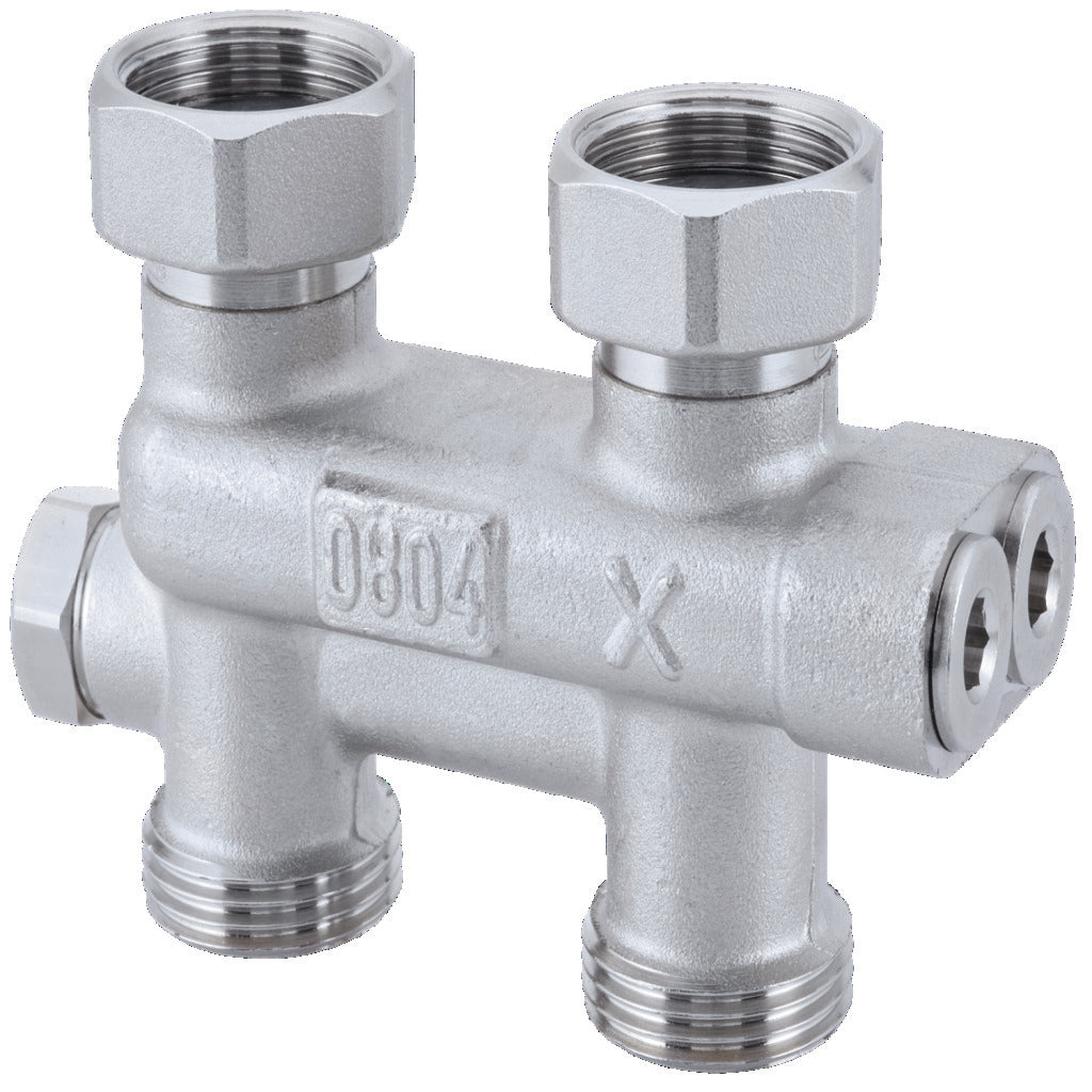 HU Umlenkstück Duchgangsform absperrbar (Ein-/Zweirohr) G 3/4 2 x Nippel (G 1/2 x G 3/4) Messing vernickelt